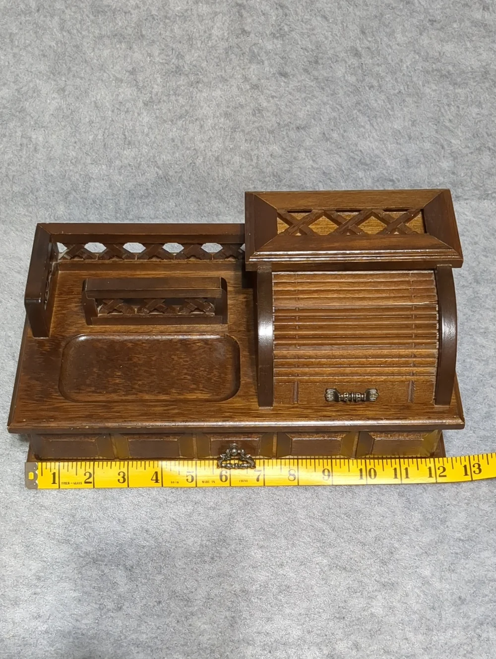 Vintage Wooden Jewelry Box Desk Organizer Roll-Top Velvet Storage Drawer